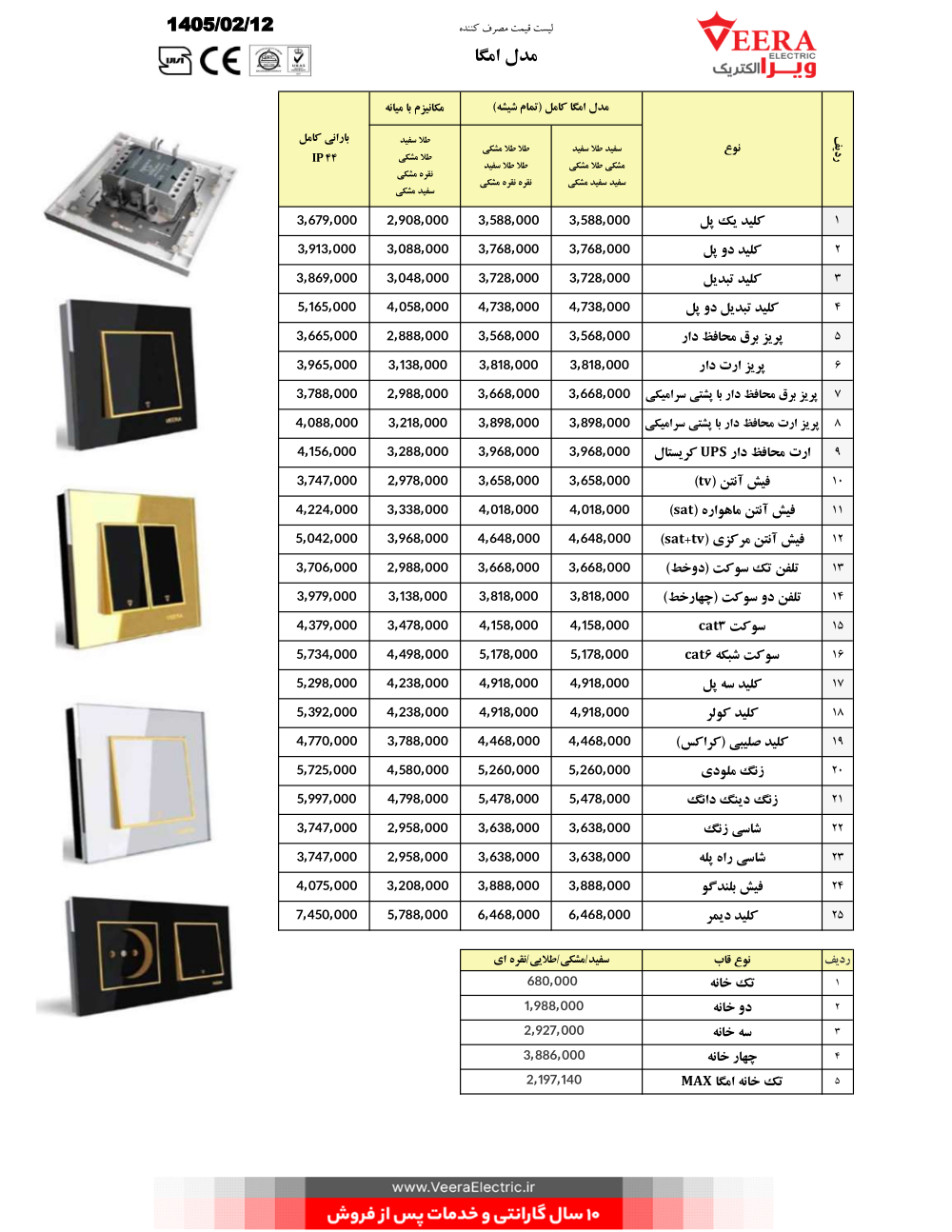 لیست قیمت کلید و پریز ویرا الکتریک اردیبهشت 1405 امگا